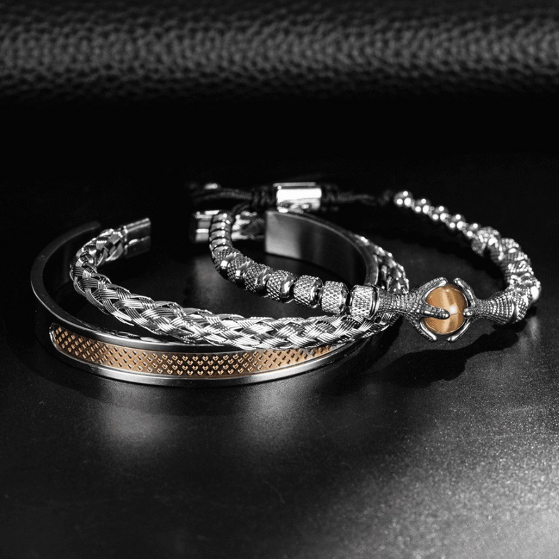 Kit de 3 Pulseiras Masculinas Premium Ajustáveis com Pedra Natural OLHO de TIGRE