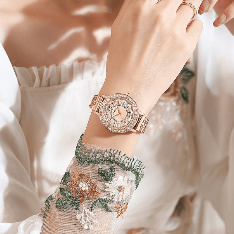 Relógio Feminino CRRJU CRISTAL DIAMOND - Vidro Lapidado, Cravejado Com Cristais de Zircônia, Movimento de Quartzo, Resistente à Água 30M