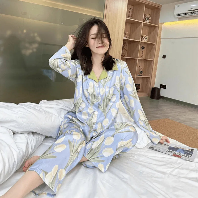 Pijama Feminino Serenade Conjunto Calça e Camisa Longa Em Seda Gelo Premium | Toque De Seda Confortável