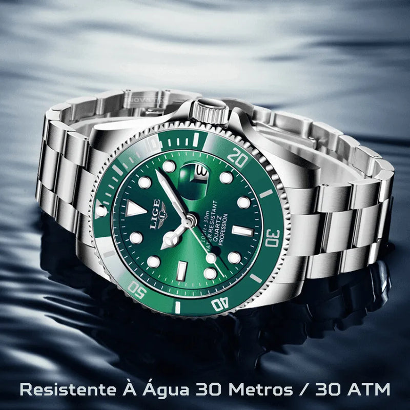 Relógio Masculino LIGE "Quartz Date" - Aço Inoxidável, Movimento de Quartzo, Data, Catraca Funcional, Vidro de Cristal e À Prova D'água 30 Metros