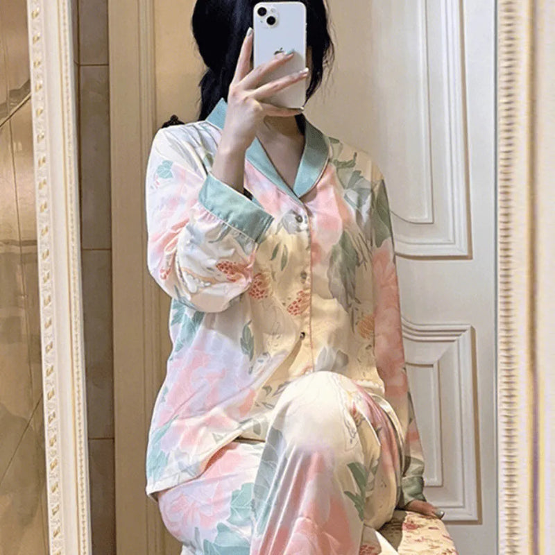 Pijama Feminino Serenade Conjunto Calça e Camisa Longa Em Seda Gelo Premium | Toque De Seda Confortável