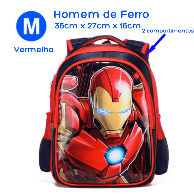 Mochila Escolar Infantil com 3 Compartimentos à Prova D'água Vingadores Heróis