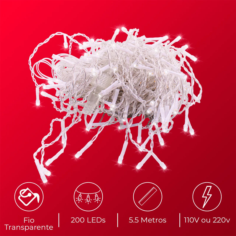 Cortina de Pisca Pisca estilo Cascata 5,5m 200 LEDs Resistentes a Água