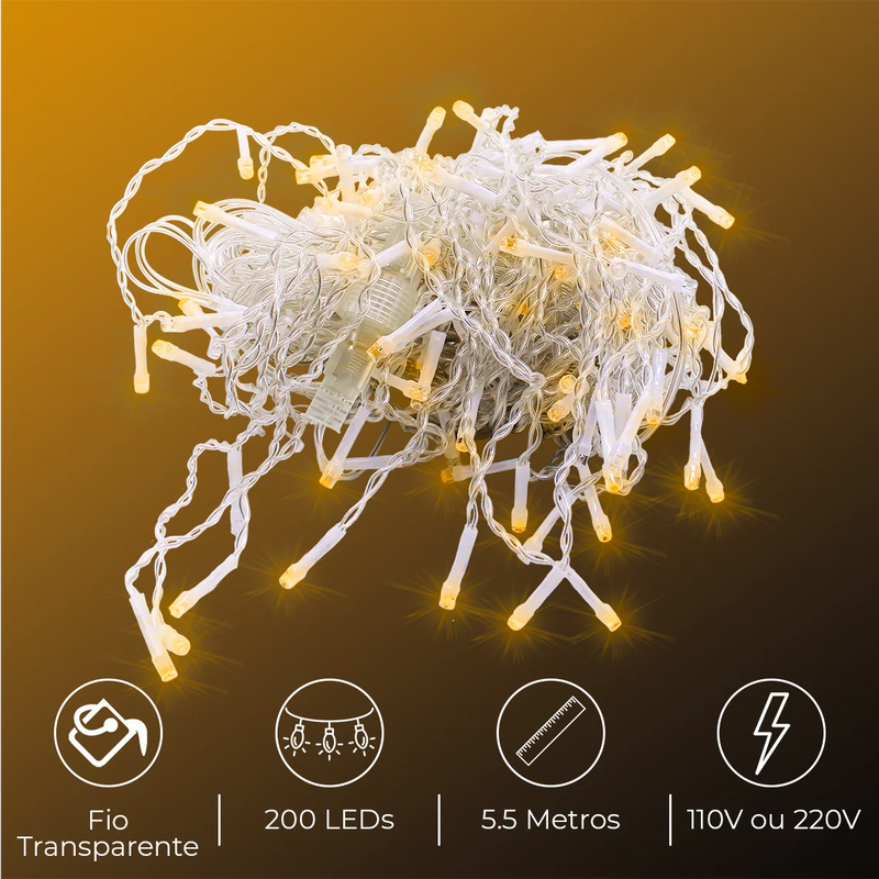 Cortina de Pisca Pisca estilo Cascata 5,5m 200 LEDs Resistentes a Água