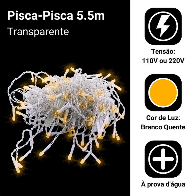 Cortina de Pisca Pisca estilo Cascata 5,5m 200 LEDs Resistentes a Água