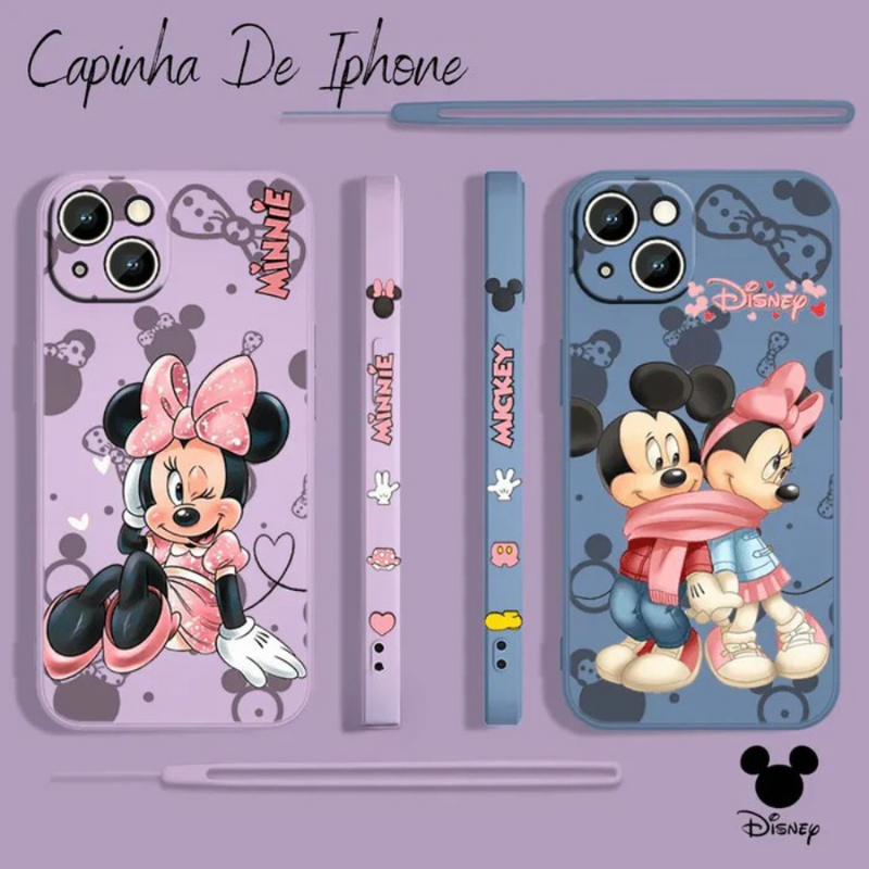 Capinha de Celular para Iphone Alta Proteção com cordão Mickey e Minnie Disney