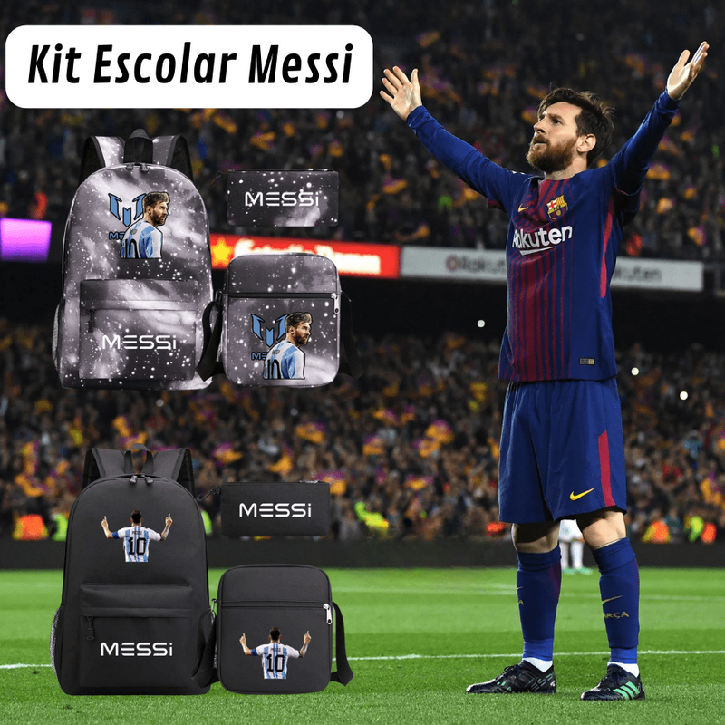 Kit Escolar Infantil Mochila com Lancheira e Estojo Messi