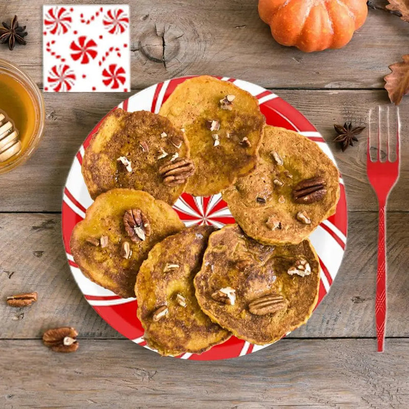 Kit com 96 Louças Natalinas Descartáveis Pratos de Jantar e Sobremesa com Guardanapos e Garfos Vermelho e Branco