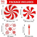 Kit com 96 Louças Natalinas Descartáveis Pratos de Jantar e Sobremesa com Guardanapos e Garfos Vermelho e Branco
