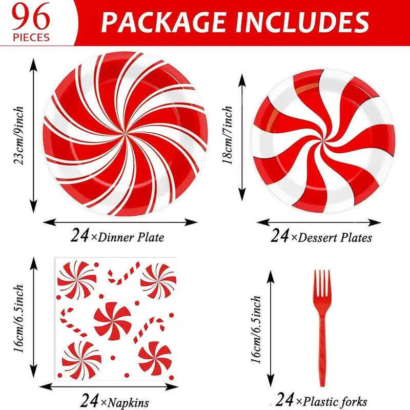 Kit com 96 Louças Natalinas Descartáveis Pratos de Jantar e Sobremesa com Guardanapos e Garfos Vermelho e Branco