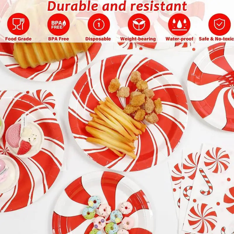 Kit com 96 Louças Natalinas Descartáveis Pratos de Jantar e Sobremesa com Guardanapos e Garfos Vermelho e Branco