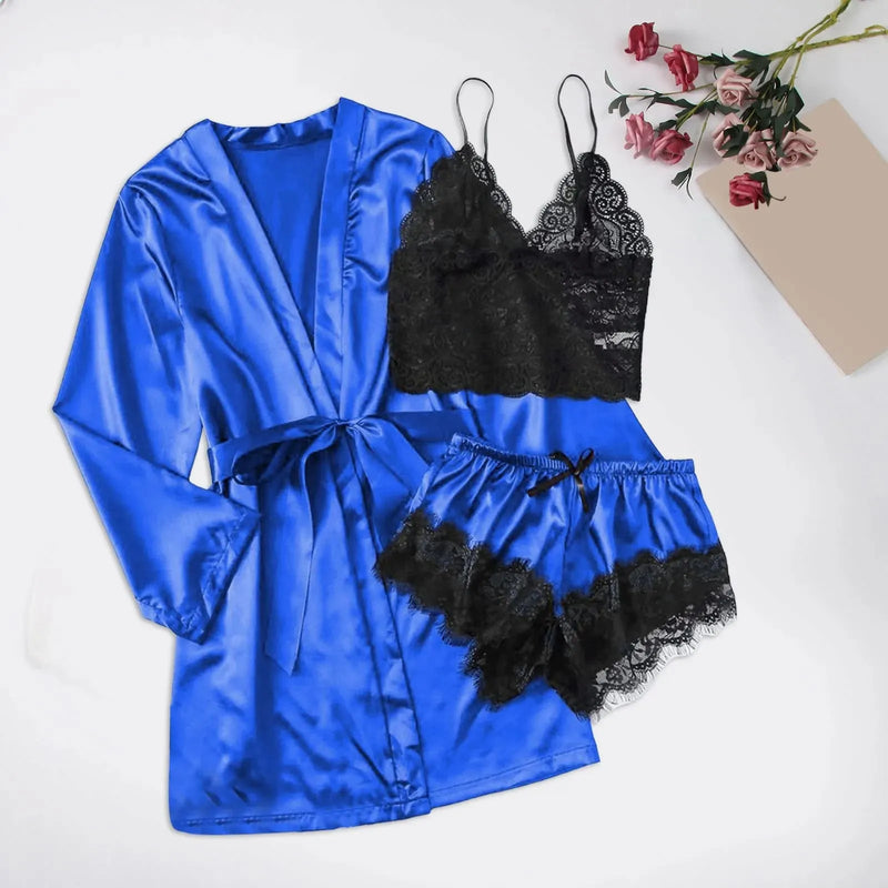Pijama Feminino LadySexy Conjunto Com Top De Renda, MiniShorts De Renda e Roupão Em Cetim Seda Premium | Sensualidade e Conforto