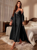 Pijama Feminino Queen Conjunto Camisola Longa e Roupão Com Renda Em Cetim Seda Premium | Toque De Seda Confortável