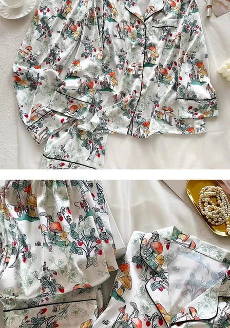 Pijama Feminino LuxuryCat - Conjunto Calça e Camisa Longa Em Seda Gelo Premium | Toque De Seda Super Confortável