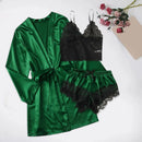 Pijama Feminino LadySexy Conjunto Com Top De Renda, MiniShorts De Renda e Roupão Em Cetim Seda Premium | Sensualidade e Conforto