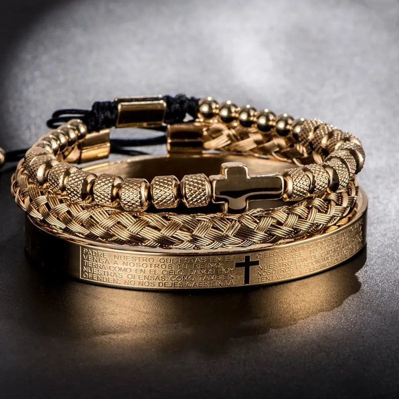 Kit 3 Pulseiras CRUZ - Joia em Aço Inoxidável Banhada em Ouro e Prata