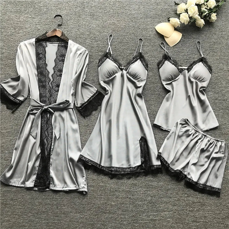Conjunto 4 Peças Pijama Feminino Velvet Camisola, Baby Doll, Shorts e Roupão Em Seda Gelo Premium | Toque De Seda Confortável