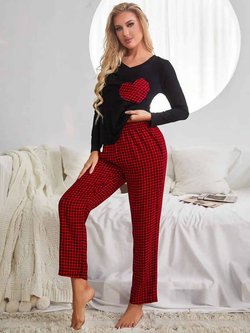 Pijama Feminino Coração Xadrez Conjunto Com Calça e Camisa Longa | Tecido Leve e Confortável