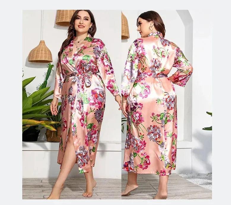 Pijama Feminino CozyChic Roupão Quimono Plus Size Em Cetim Premium Com Decote V | Toque De Seda Confortável