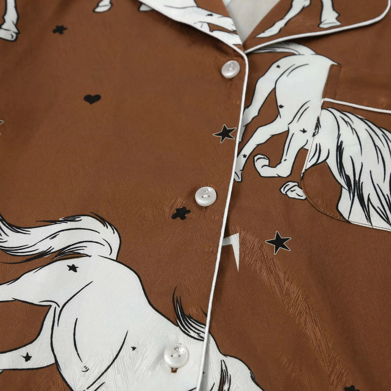 Pijama Feminino Jóquei - Conjunto Luxo Calça e Camisa Longa Em Cetim Seda Gelo Premium | Toque De Seda Super Confortável