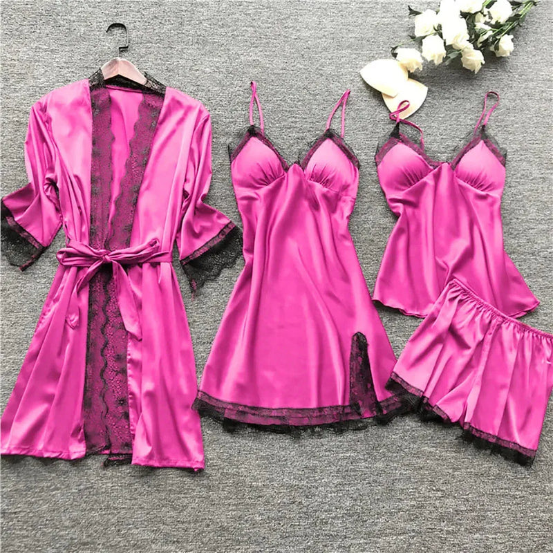 Conjunto 4 Peças Pijama Feminino Velvet Camisola, Baby Doll, Shorts e Roupão Em Seda Gelo Premium | Toque De Seda Confortável
