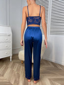 Pijama Feminino BlueDream - Conjunto Calça em Seda Gelo Premium e Top Com Detalhes em Renda | Toque De Seda Super Confortável