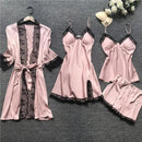 Conjunto 4 Peças Pijama Feminino Velvet Camisola, Baby Doll, Shorts e Roupão Em Seda Gelo Premium | Toque De Seda Confortável