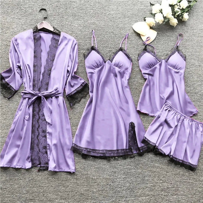 Conjunto 4 Peças Pijama Feminino Velvet Camisola, Baby Doll, Shorts e Roupão Em Seda Gelo Premium | Toque De Seda Confortável