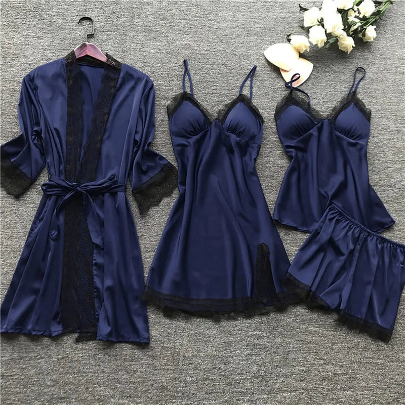 Conjunto 4 Peças Pijama Feminino Velvet Camisola, Baby Doll, Shorts e Roupão Em Seda Gelo Premium | Toque De Seda Confortável