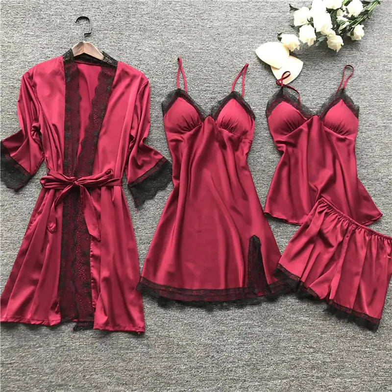 Conjunto 4 Peças Pijama Feminino Velvet Camisola, Baby Doll, Shorts e Roupão Em Seda Gelo Premium | Toque De Seda Confortável