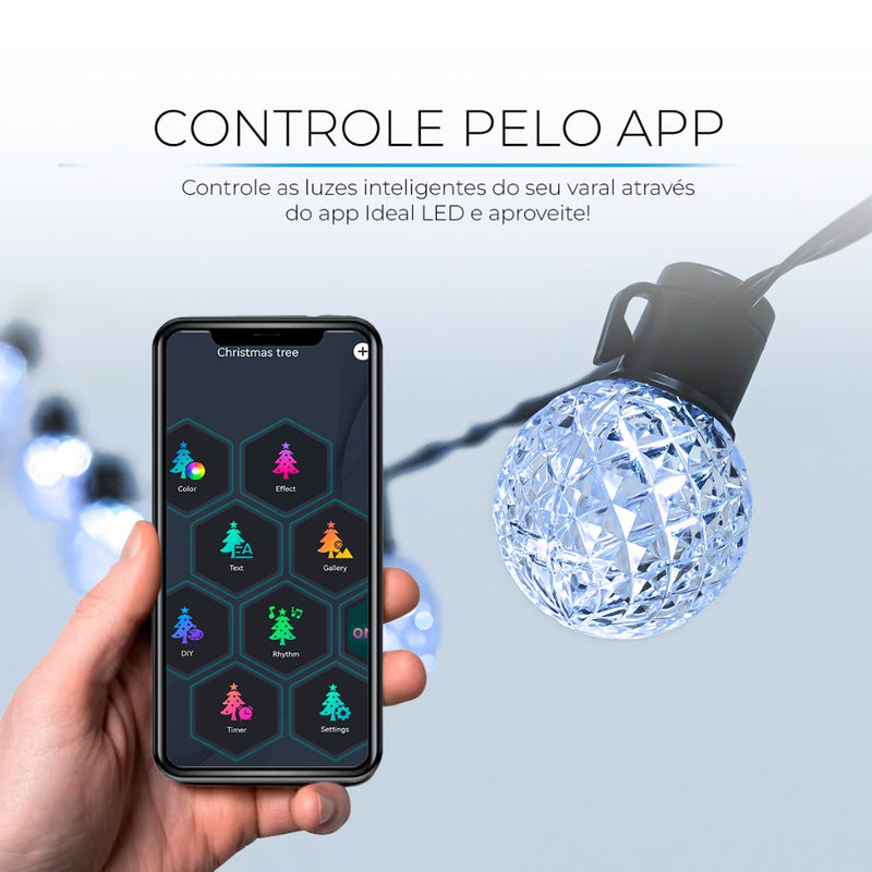 Corda com Luzes de 20 LEDs RGB e Controle por Aplicativo Bluetooth