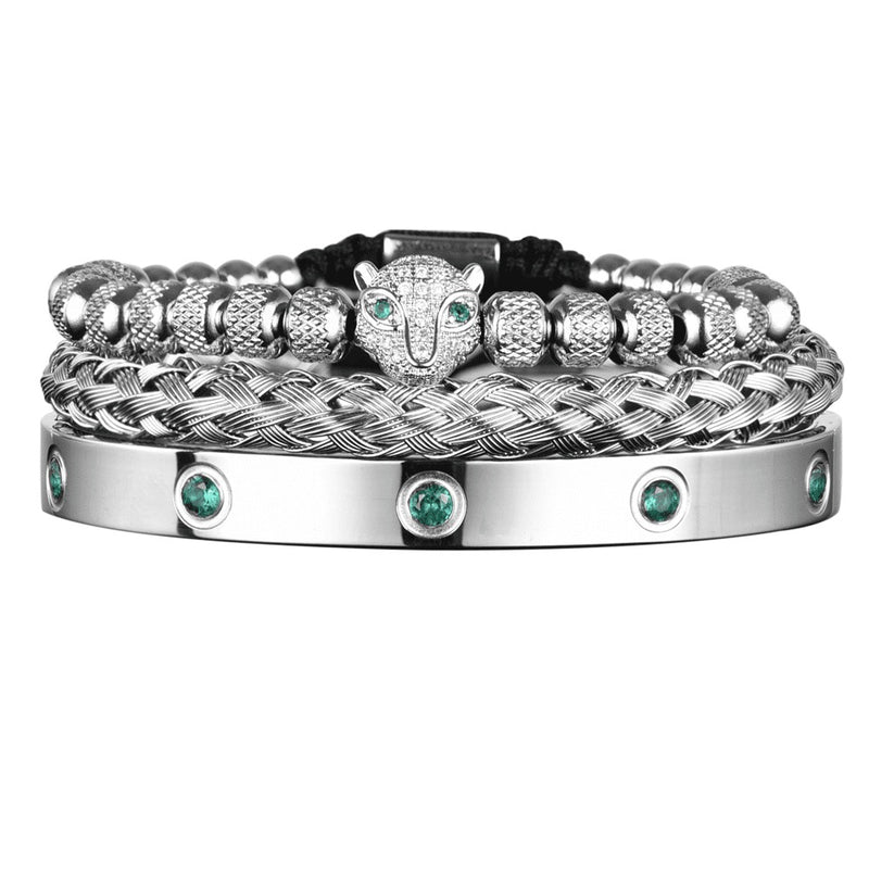 Kit 3 Pulseiras em Aço Inoxídável Banhado e Cravejada Com Cristal de Zircônia Pantera ROYAL