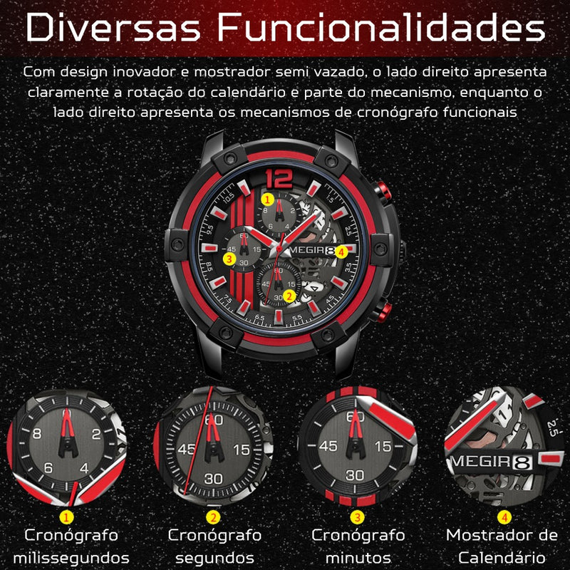 Relógio Masculino Multifuncional Cronógrafo com Pulseira em Silicone MEGIR CRONOGRAPH SPORT