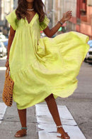 Vestido Midi Manga Curta Babados em Algodão Boho Chic