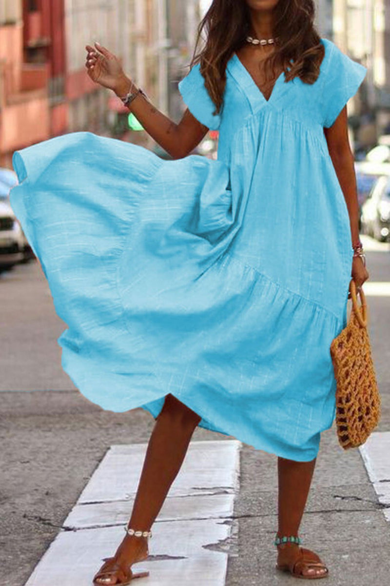 Vestido Midi Manga Curta Babados em Algodão Boho Chic