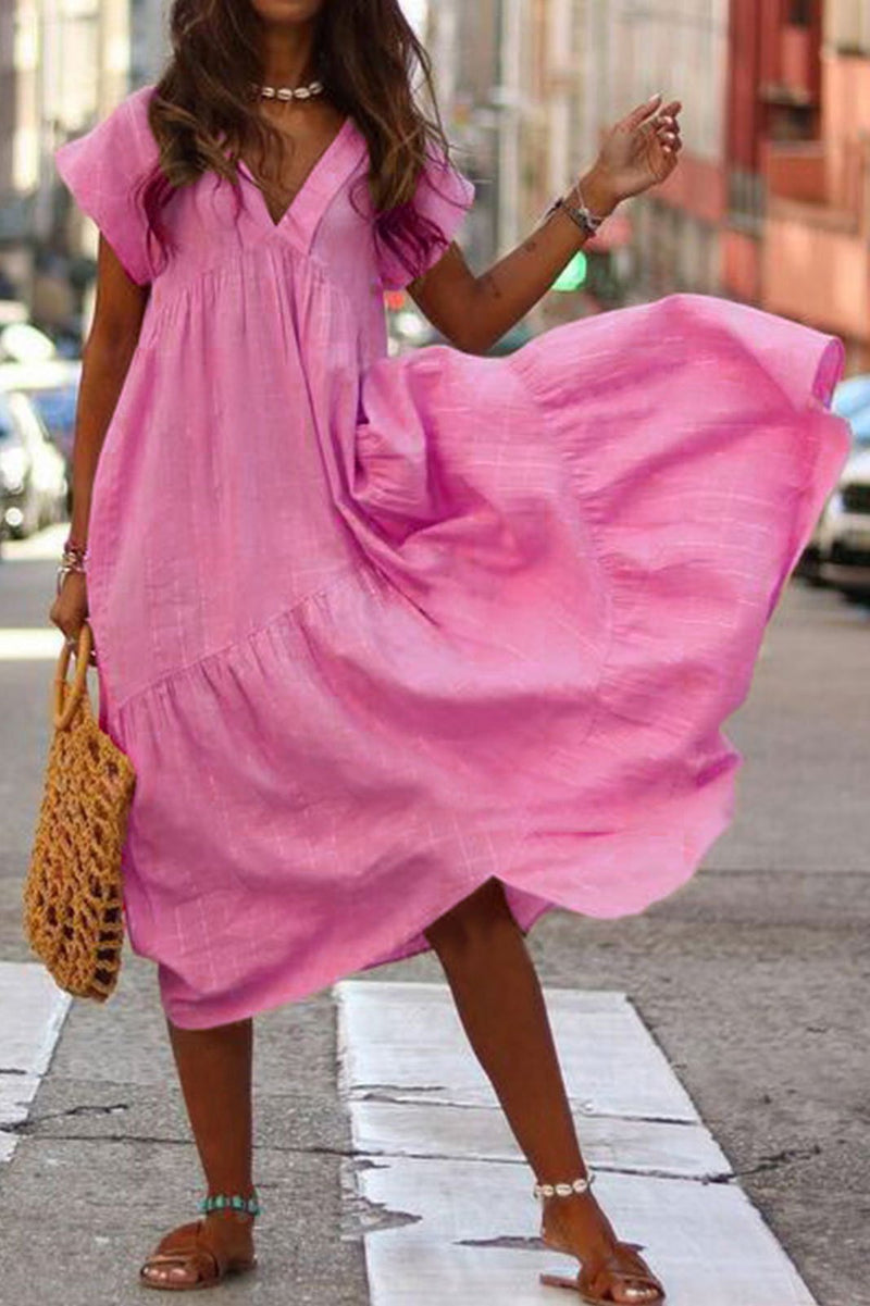 Vestido Midi Manga Curta Babados em Algodão Boho Chic