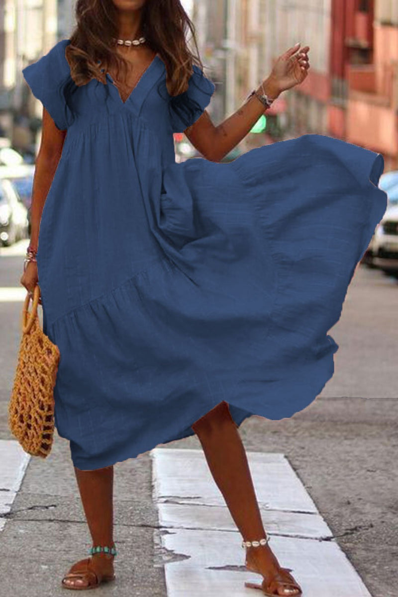 Vestido Midi Manga Curta Babados em Algodão Boho Chic