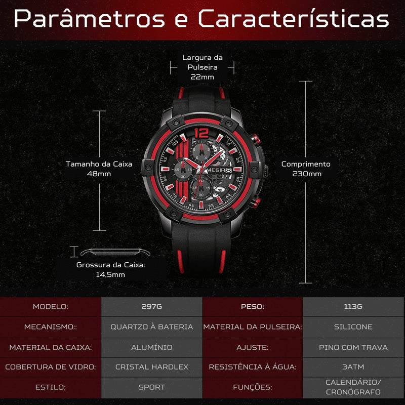 Relógio Masculino Multifuncional Cronógrafo com Pulseira em Silicone MEGIR CRONOGRAPH SPORT