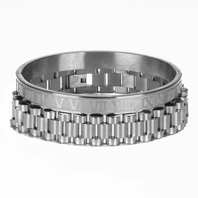 Kit 2 Pulseiras LUXO ROMANO - Joia em Aço Inoxidável Banhada em Ouro e Prata