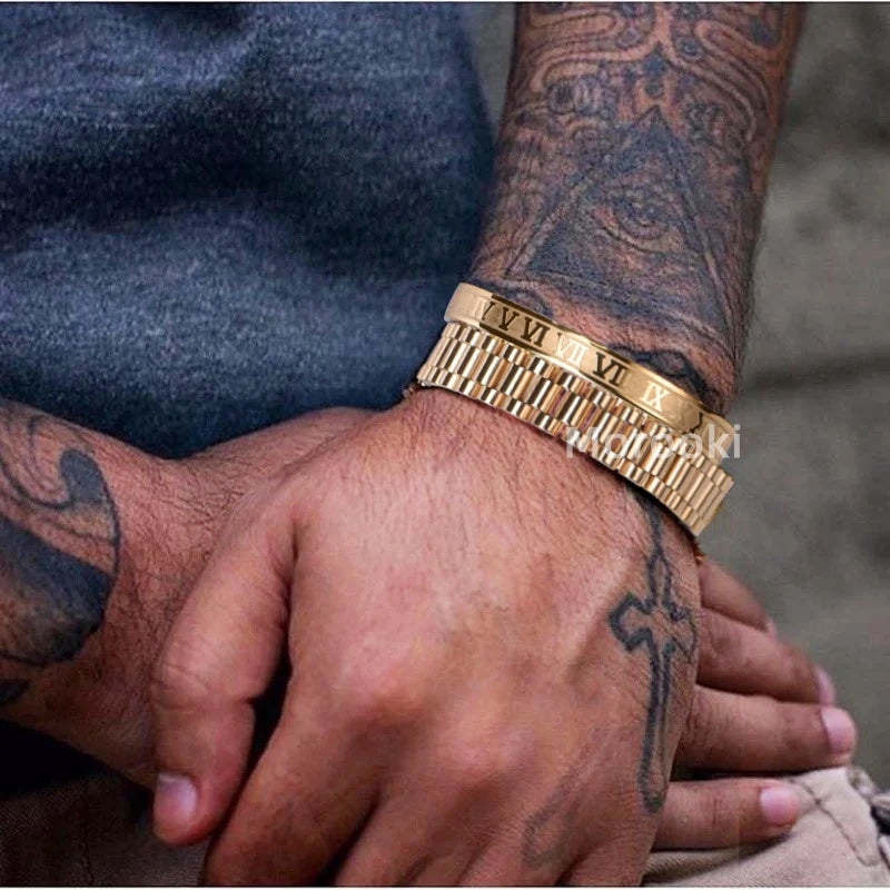 Kit 2 Pulseiras LUXO ROMANO - Joia em Aço Inoxidável Banhada em Ouro e Prata