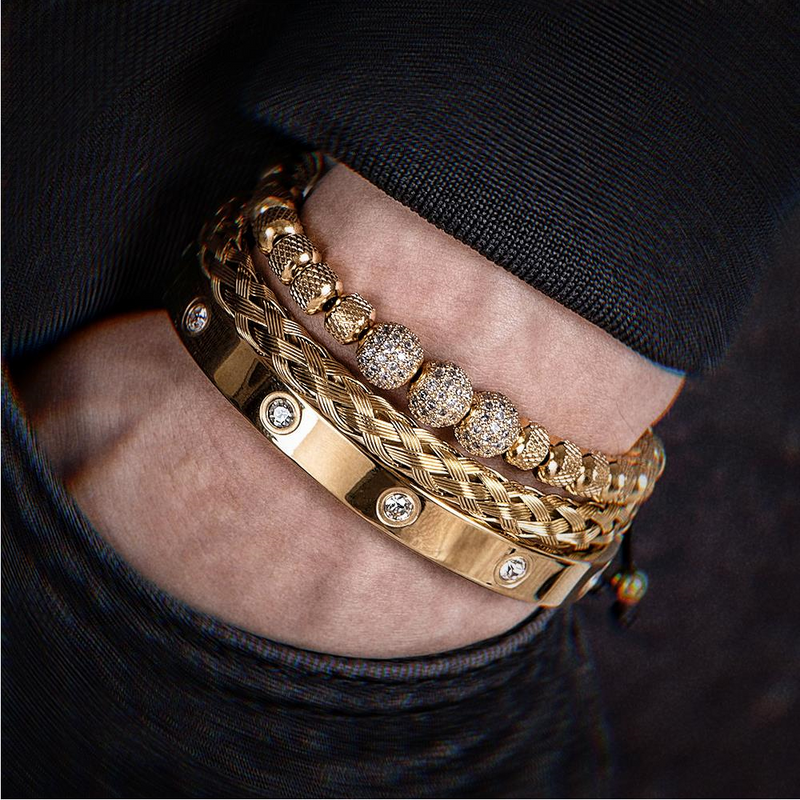 Kit 3 Pulseiras Masculinas Banhadas em Ouro e Prata Cravejada com Zircônias AAA MAGNATA