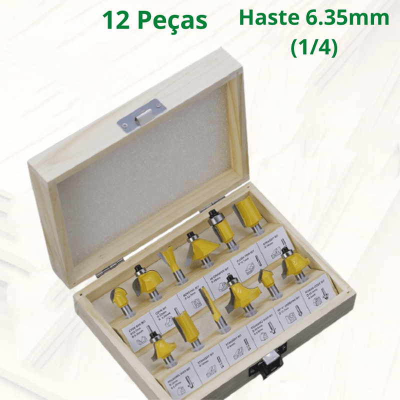 Jogo de Fresas Amarelas 12 pçs Haste 6.35mm (1/4)