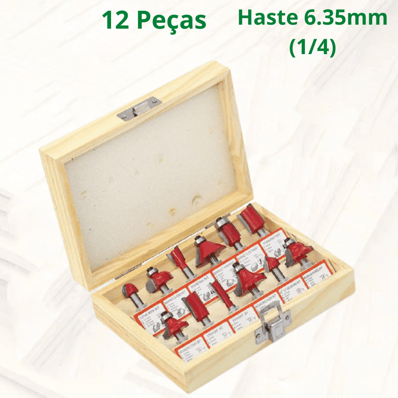 Jogo de Fresas Vermelhas 12 pcs Haste 6.35mm (1/4)