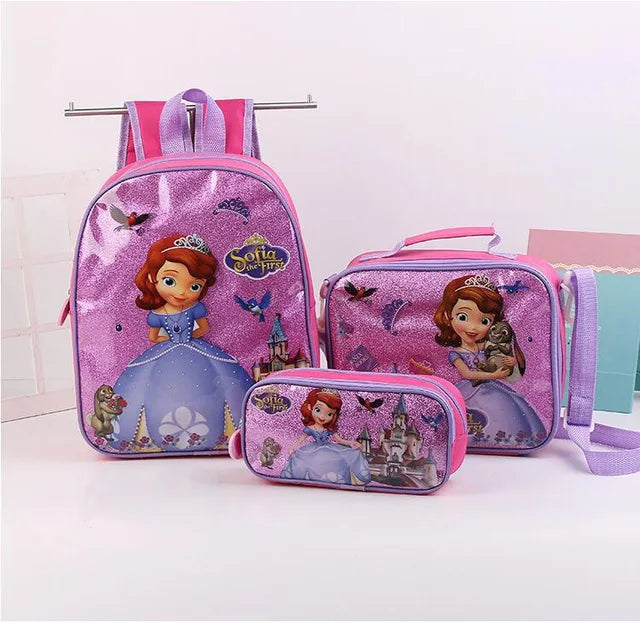 Mochila Infantil Personagens Favoritos Unisex Com Lancheira e Estojo - Frozen, Carros, Homem Aranha, Princesa Sofia
