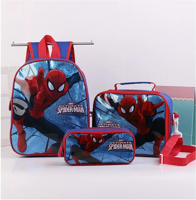 Mochila Infantil Personagens Favoritos Unisex Com Lancheira e Estojo - Frozen, Carros, Homem Aranha, Princesa Sofia