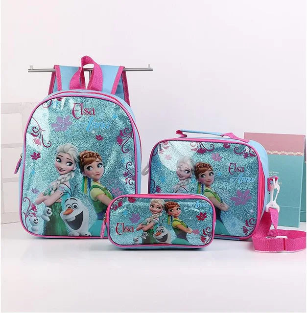 Mochila Infantil Personagens Favoritos Unisex Com Lancheira e Estojo - Frozen, Carros, Homem Aranha, Princesa Sofia