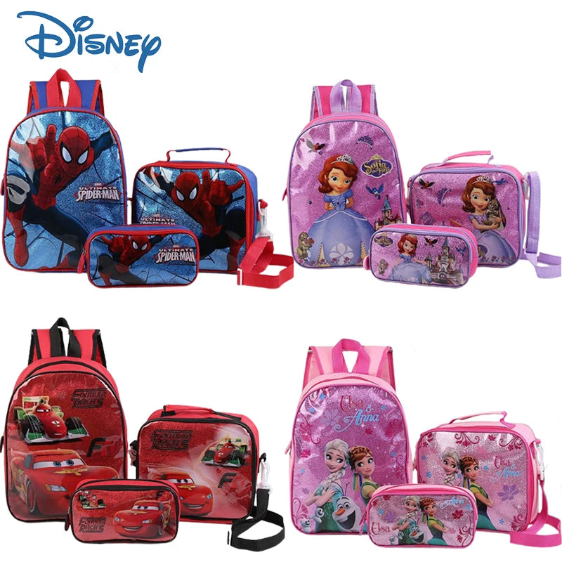 Mochila Infantil Personagens Favoritos Unisex Com Lancheira e Estojo - Frozen, Carros, Homem Aranha, Princesa Sofia