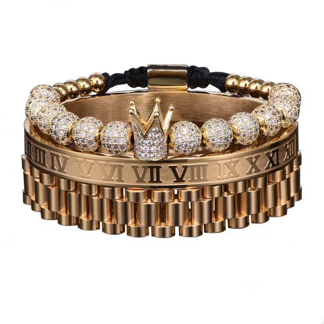 Kit 3 Pulseiras THE ROMAN KING - Joia em Aço Inoxidável Banhada em Ouro e Prata