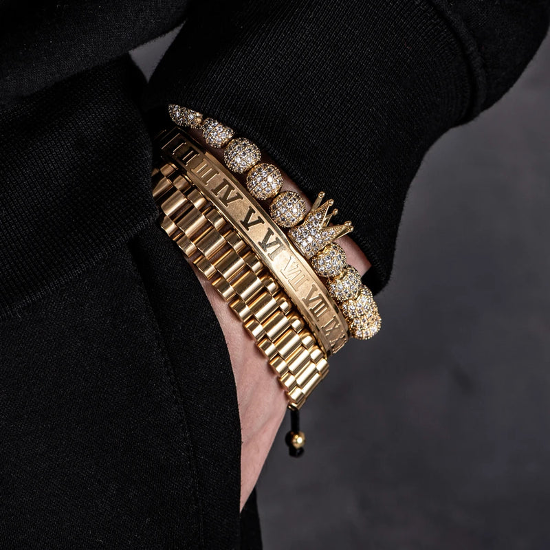 Kit 3 Pulseiras THE ROMAN KING - Joia em Aço Inoxidável Banhada em Ouro e Prata