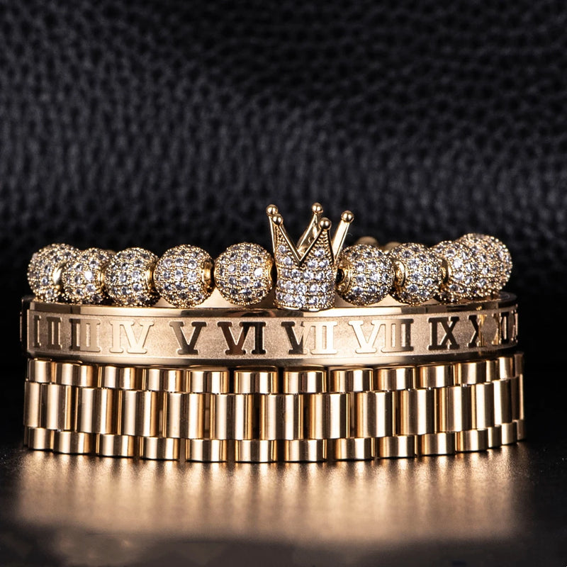 Kit 3 Pulseiras THE ROMAN KING - Joia em Aço Inoxidável Banhada em Ouro e Prata